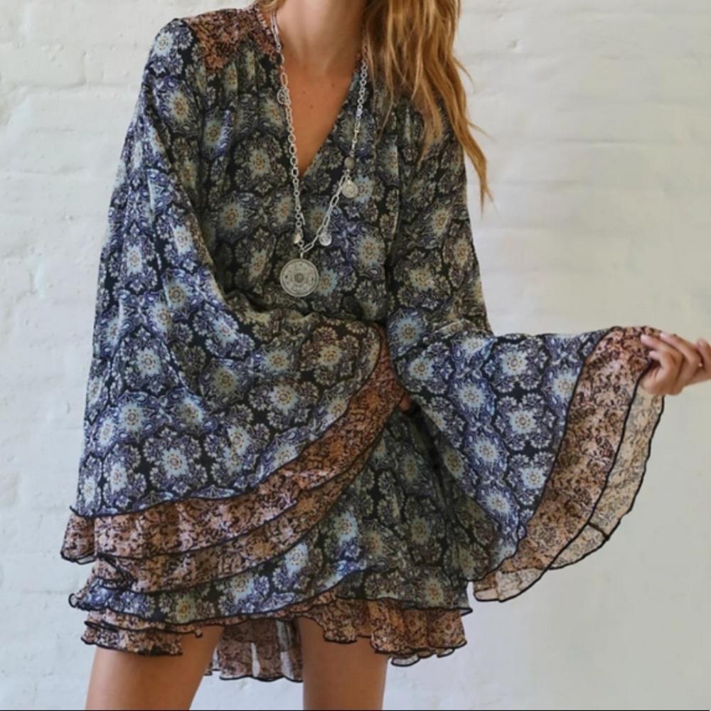 Free People Floral Mini Dress - Blue and Brown